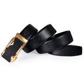 Men's 1 3/8" Leather Ratchet Belt Golden Black Metal Buckle For Business Casual Jeans